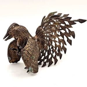 Vintage Brass Fighting Rooster Figurine MCM Filigree Feathers Dark Patina